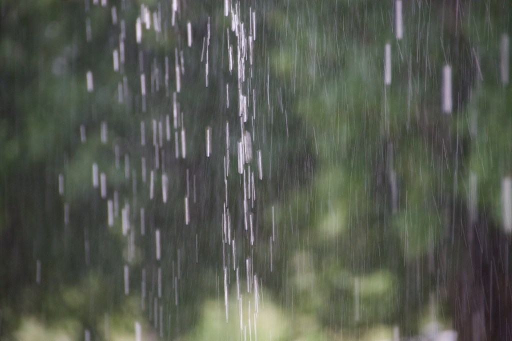 Sheets of rain flowing off the bowery roof